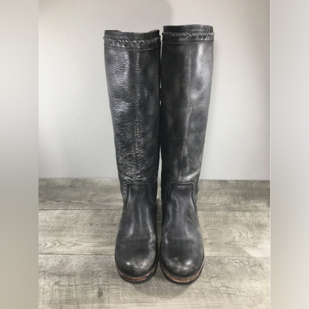 Frye 76210 Gray Leather Knee-High Riding Women’s Back Zip Braided Boots Size 8.5 - Picture 3 of 10